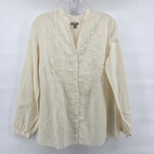 J. Jill Pintuck Blouse Small Yellow Cotton Linen Button Up Boho Coastal Classic